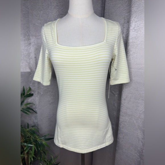 NWT Halogen Women’s Striped Print Square Neck Top Yellow & White Sz XS - Picture 2 of 12